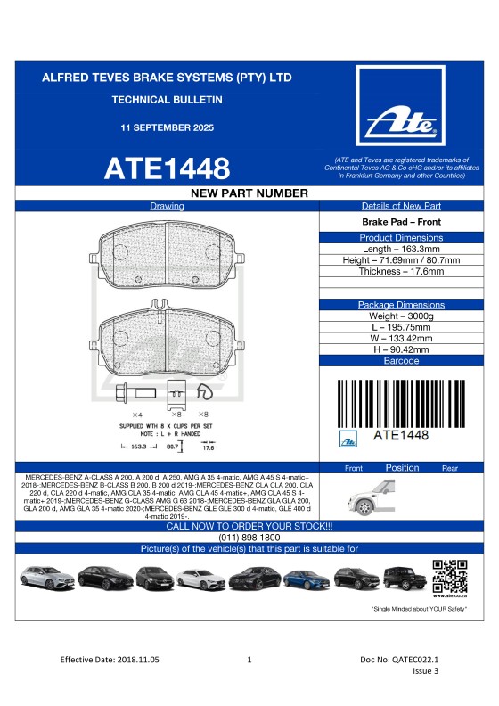 ATE1448 NEW! BRAKE PAD FOR MERCEDES-BENZ A-CLASS; B-CLASS; CLA; G-CLASS; GLA 2020-; GLE 2019-. featured image